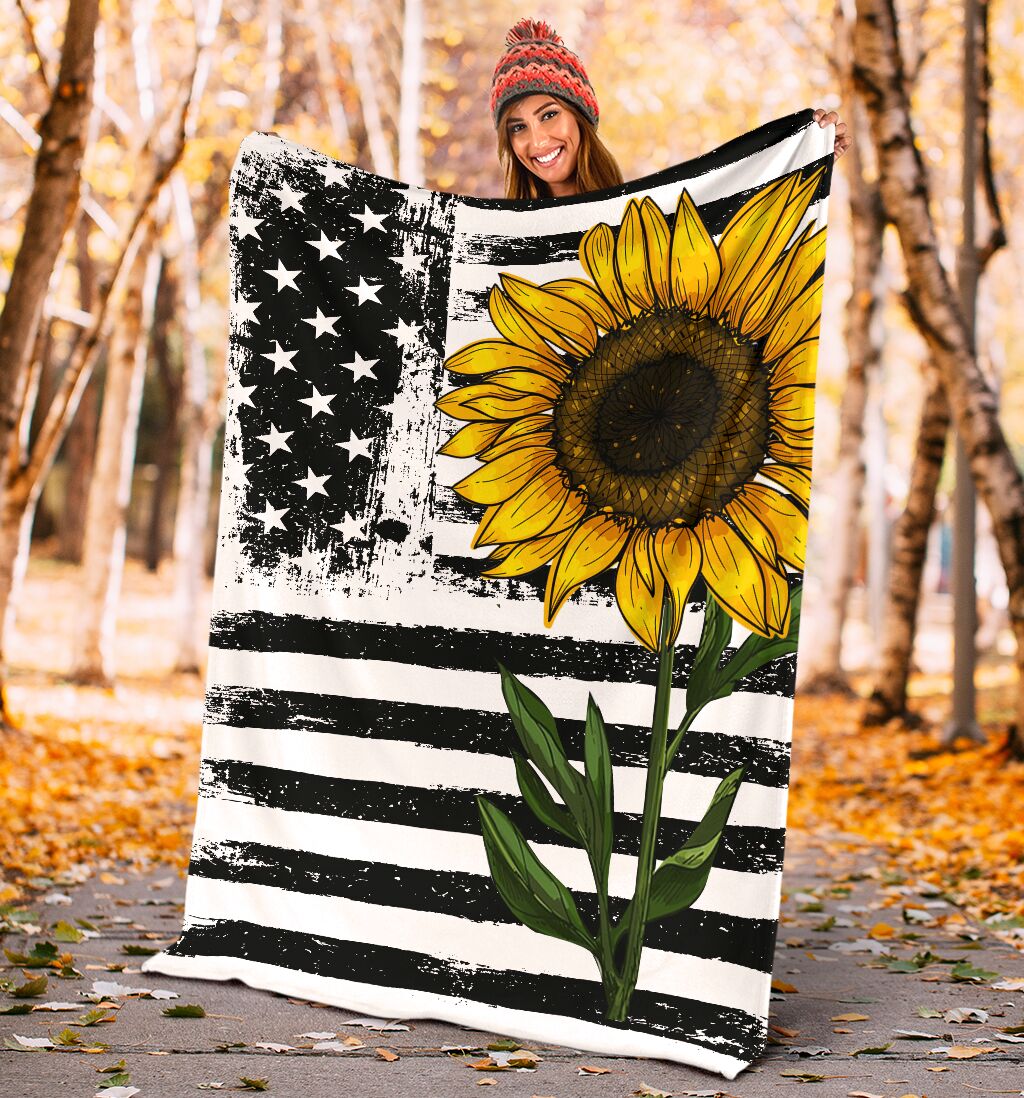 Sunflower American Flag Flannel Blanket For Bed Sofa And Reading Nook Decor