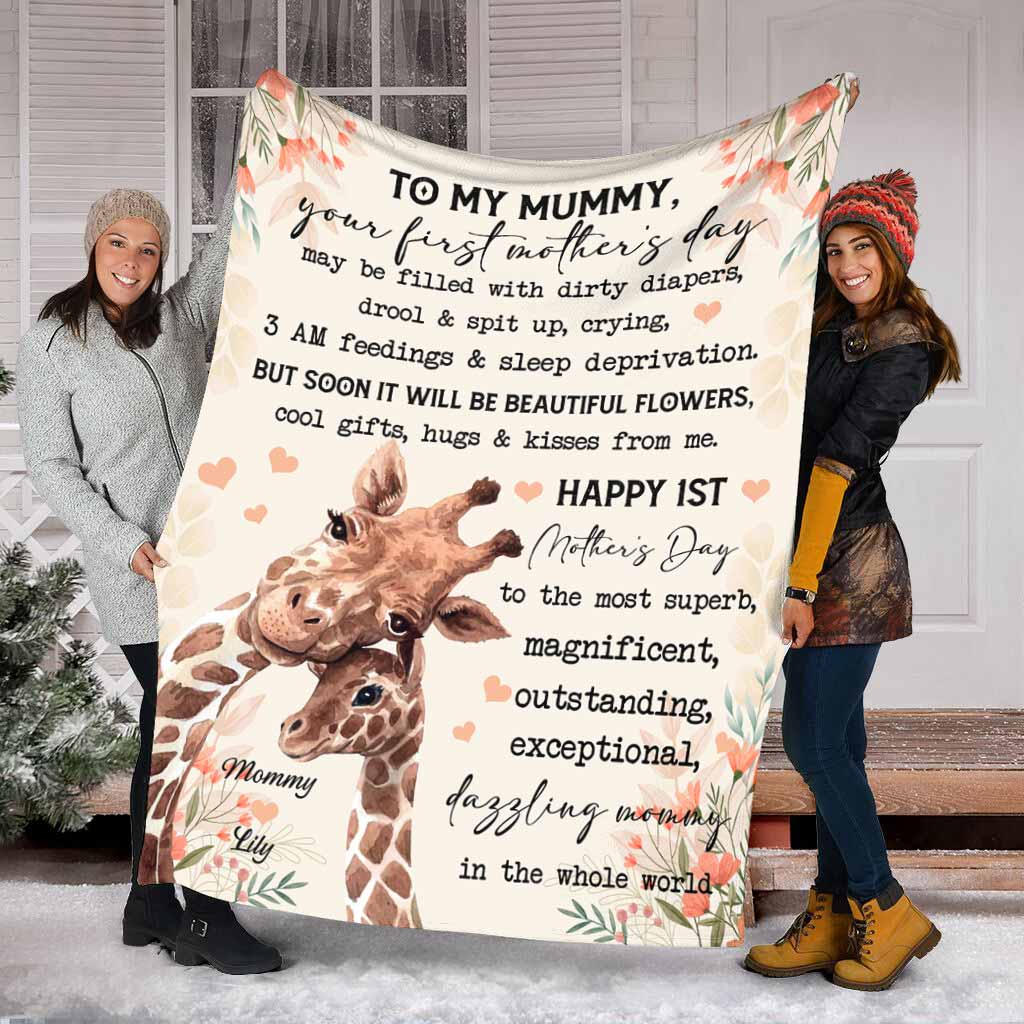 Giraffe To My Mummy On Your 1ST Mothers Day Personalized Flannel Blanket For Soft Bed Couch And Home Comfort