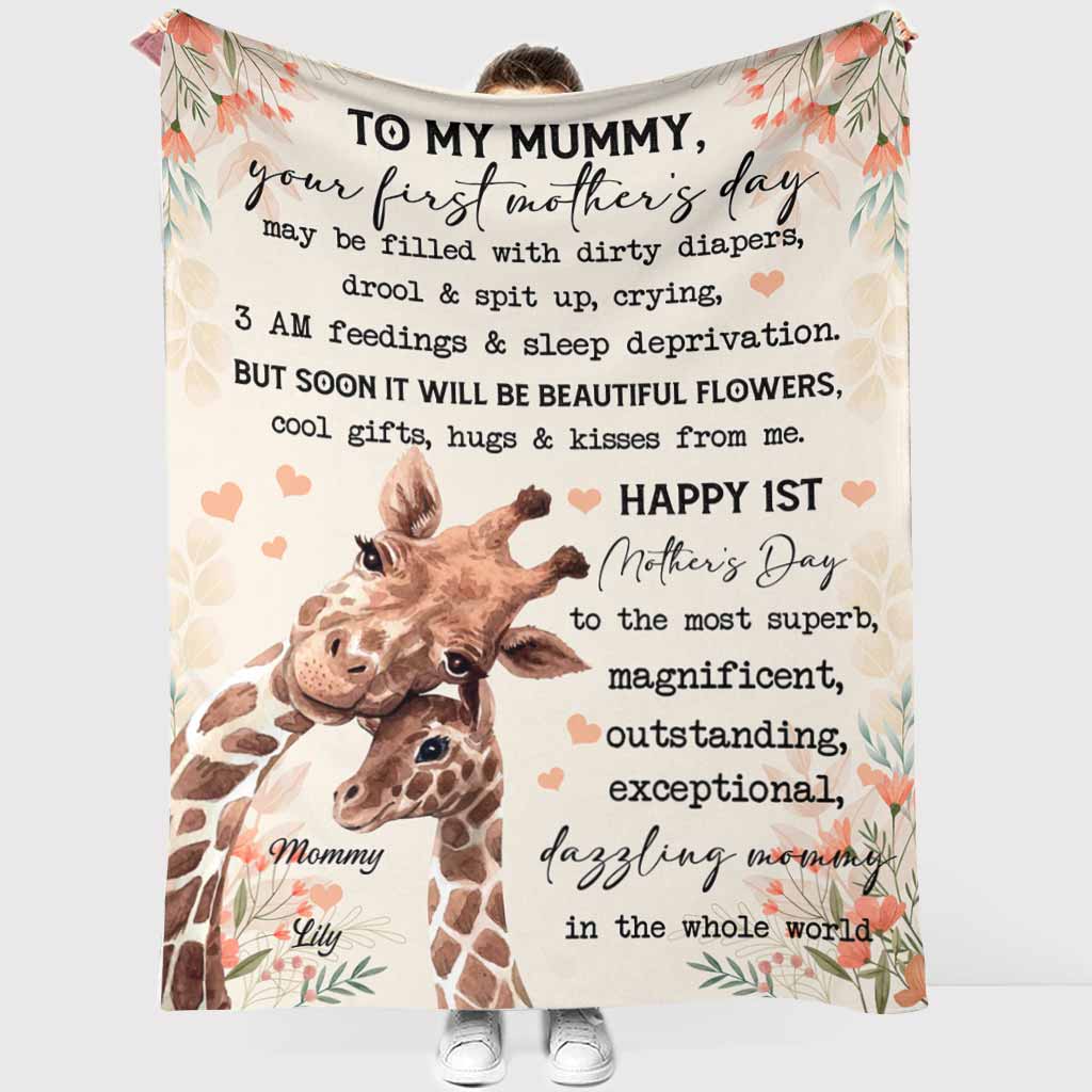 Giraffe To My Mummy On Your 1ST Mothers Day Personalized Flannel Blanket For Living Room And Bedroom Styling