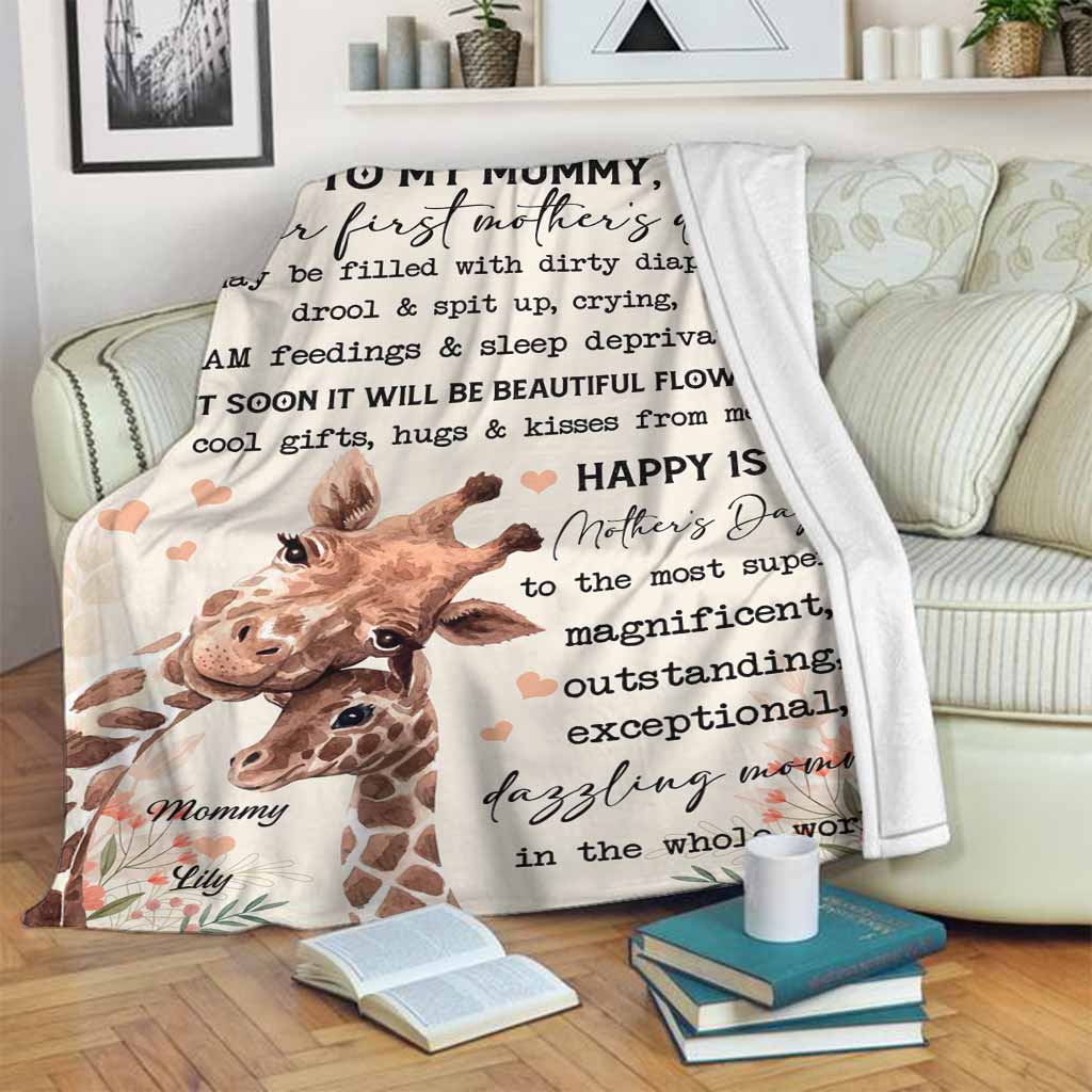 Giraffe To My Mummy On Your 1ST Mothers Day Personalized Flannel Blanket For Relaxing At Home And Travel