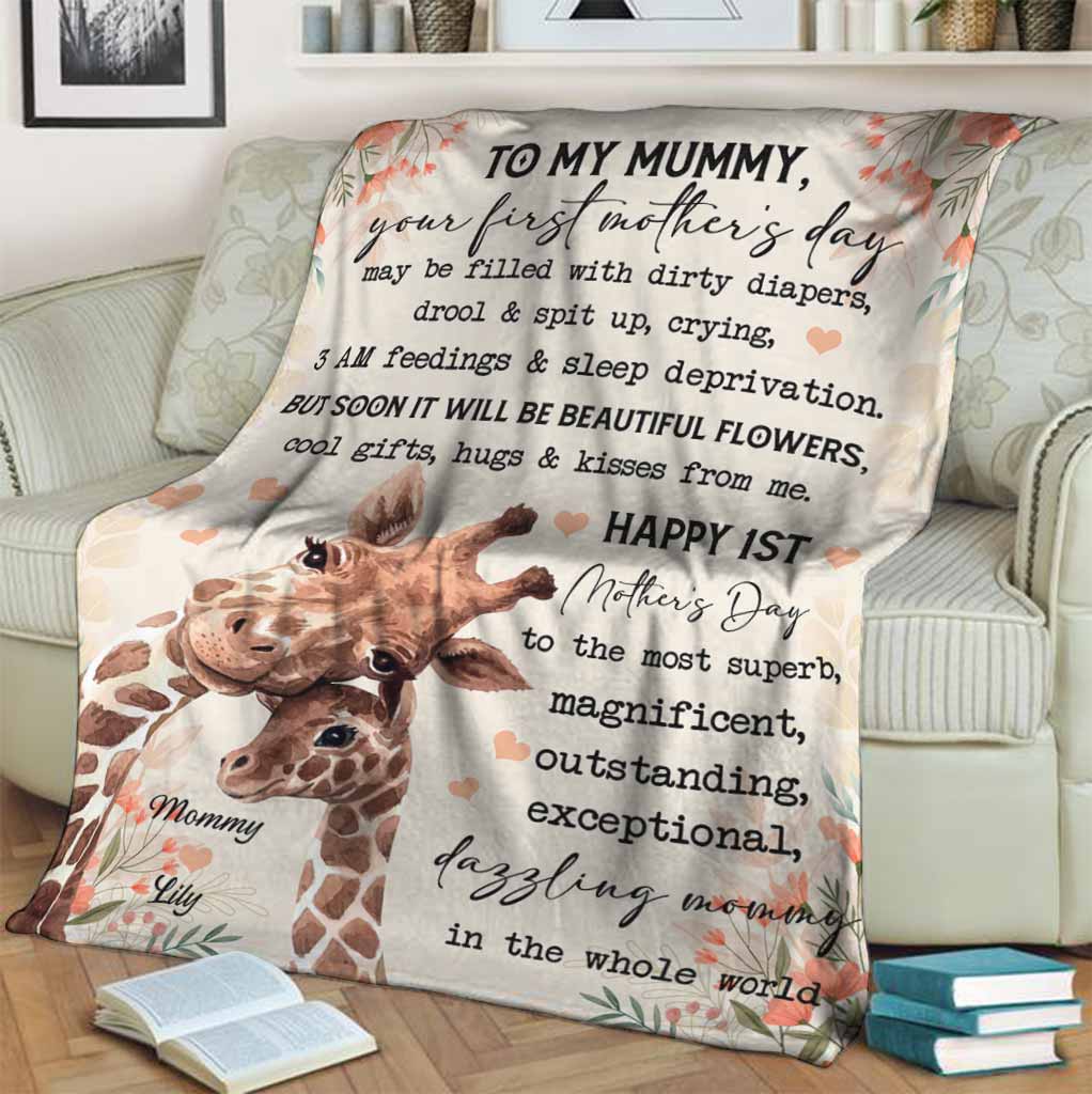 Giraffe To My Mummy On Your 1ST Mothers Day Personalized Flannel Blanket For Bed Sofa And Reading Nook Decor