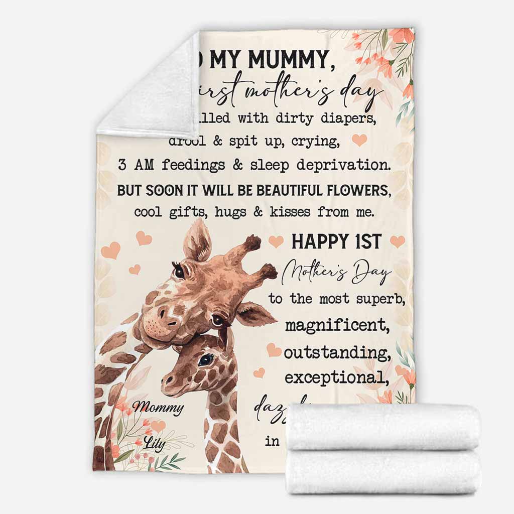 Giraffe To My Mummy On Your 1ST Mothers Day Personalized Flannel Blanket For Cozy Home Lounging And Gifting