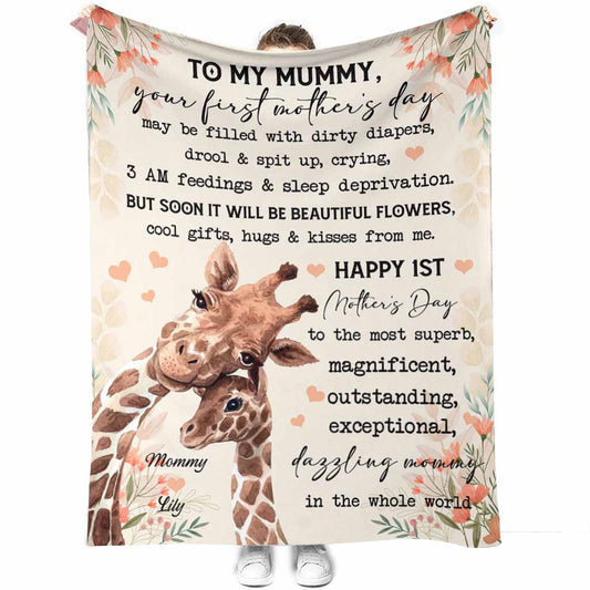 Giraffe To My Mummy On Your 1ST Mothers Day Personalized Flannel Blanket For Cozy Bedroom And Sofa Decor