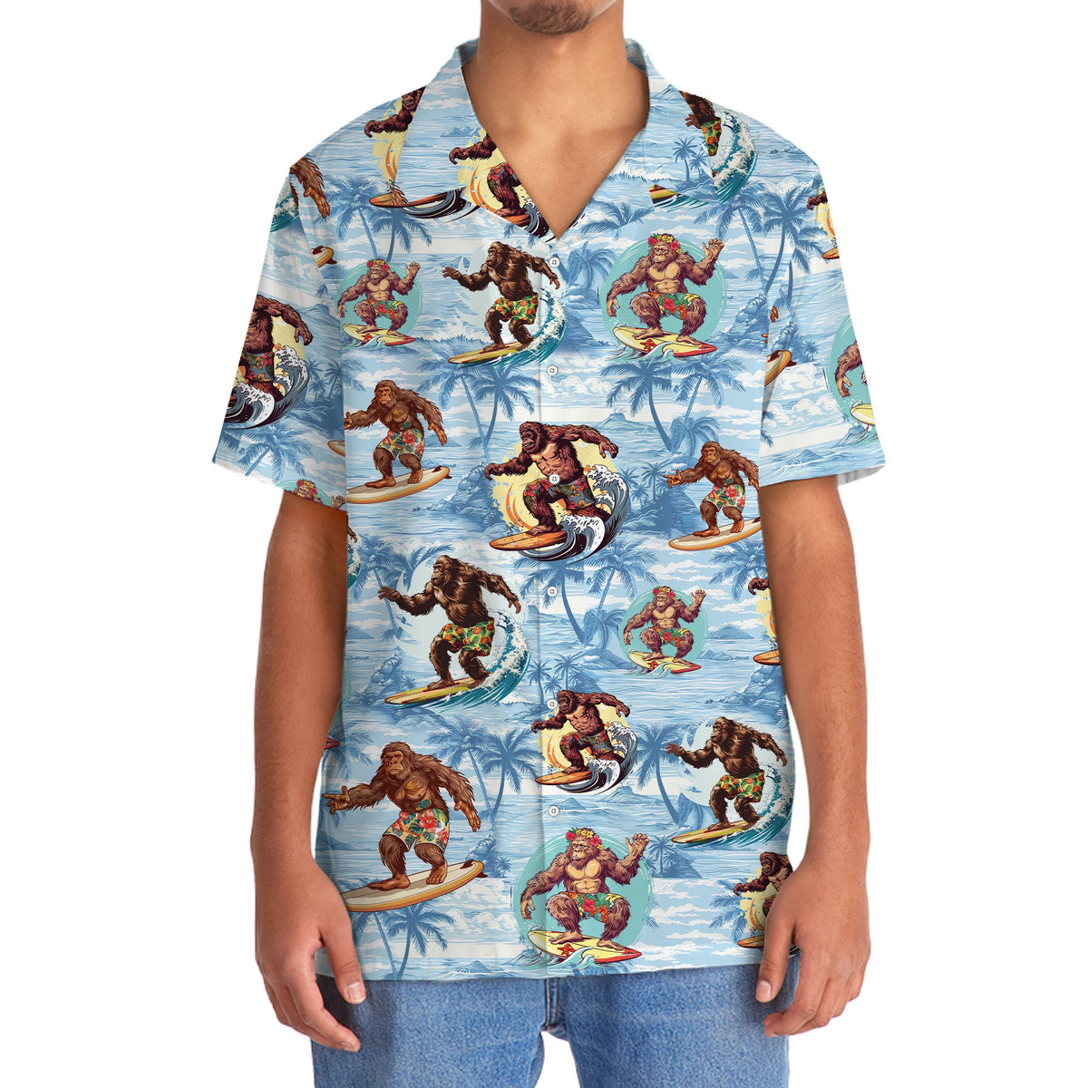 Funny Bigfoot Surfing Beach Hawaiian Shirt