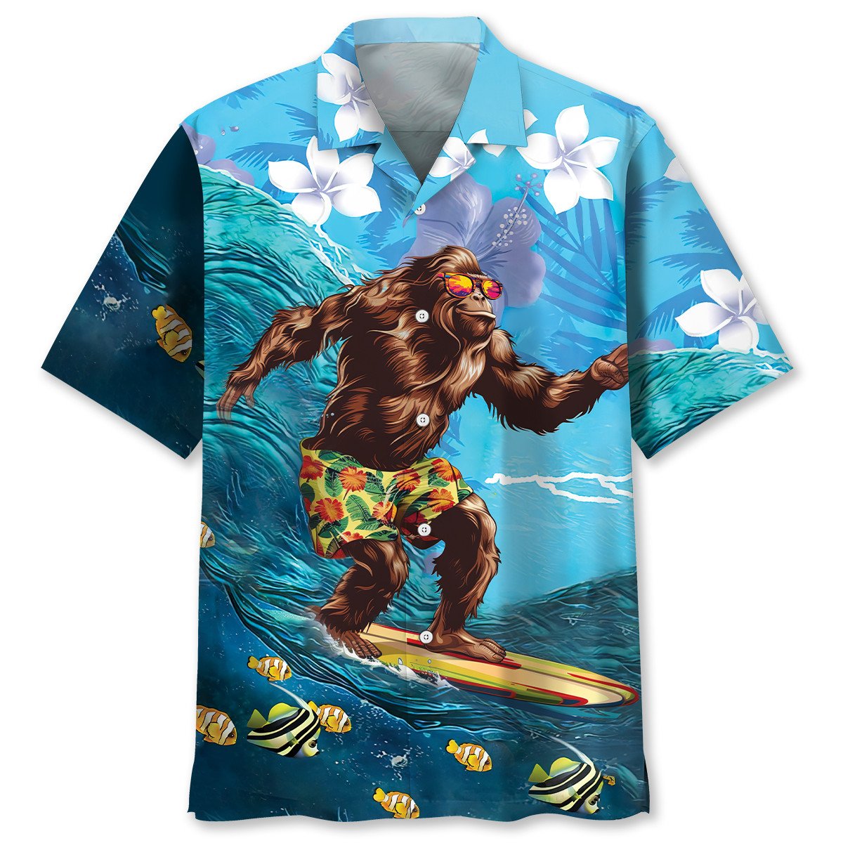 Funny Bigfoot Surfing Hibiscus Style – Hawaiian Shirt