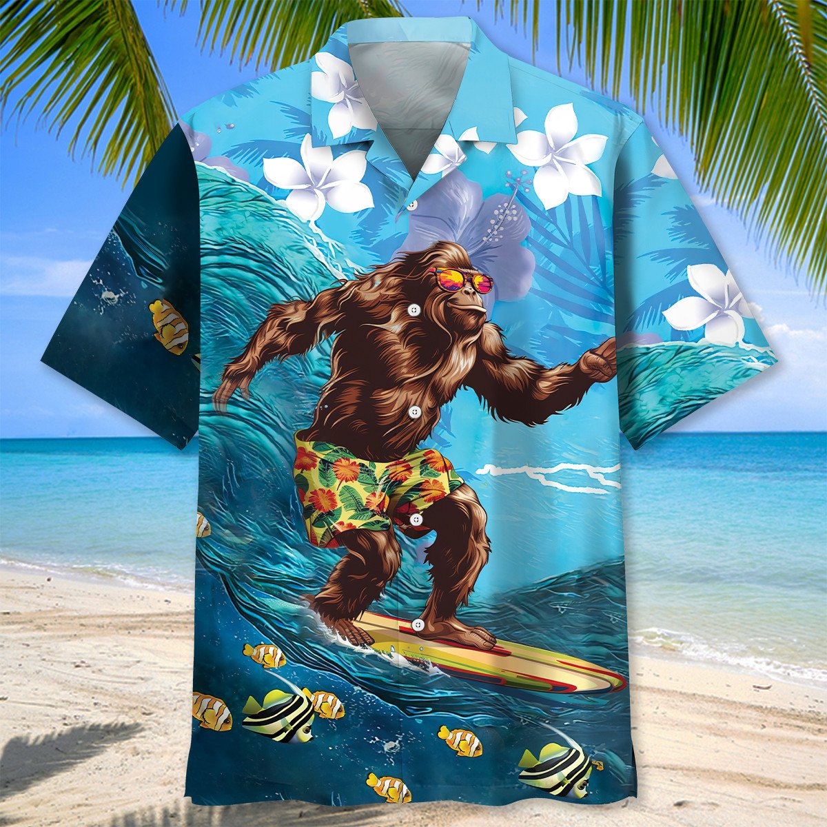 Funny Bigfoot Surfing Hibiscus Style – Hawaiian Shirt