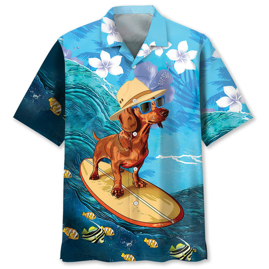 Funny Dachshund Surfing Hibiscus Style – Hawaiian Shirt