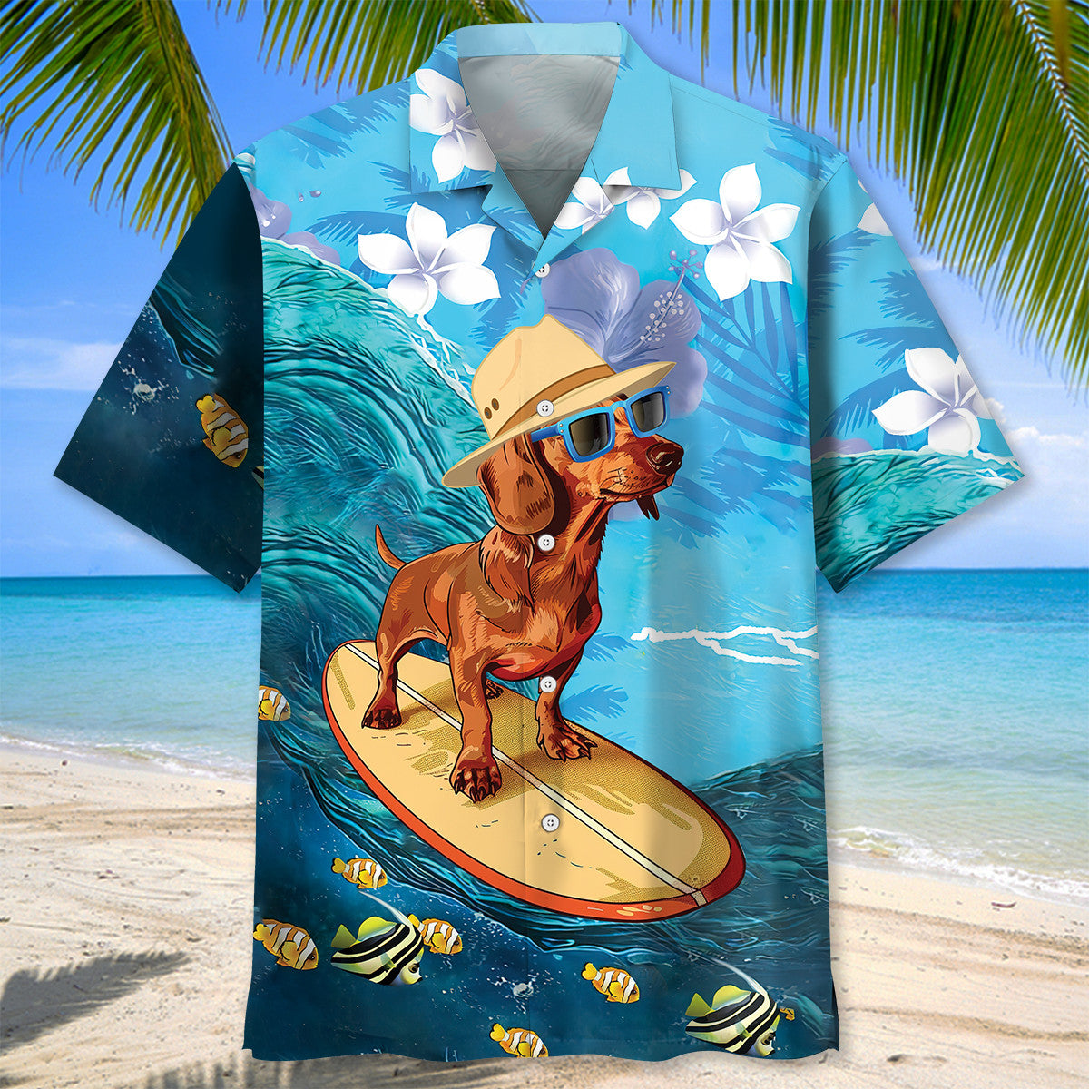 Funny Dachshund Surfing Hibiscus Style – Hawaiian Shirt