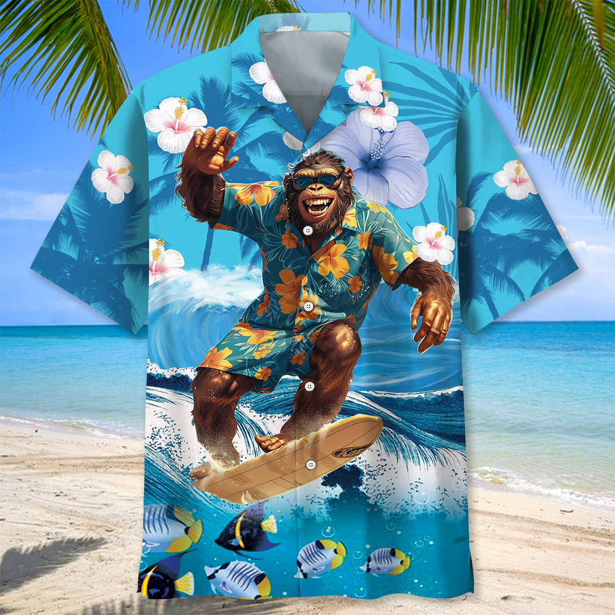 Bigfoot Surfing Tropical Style – Hawaiian Shirt