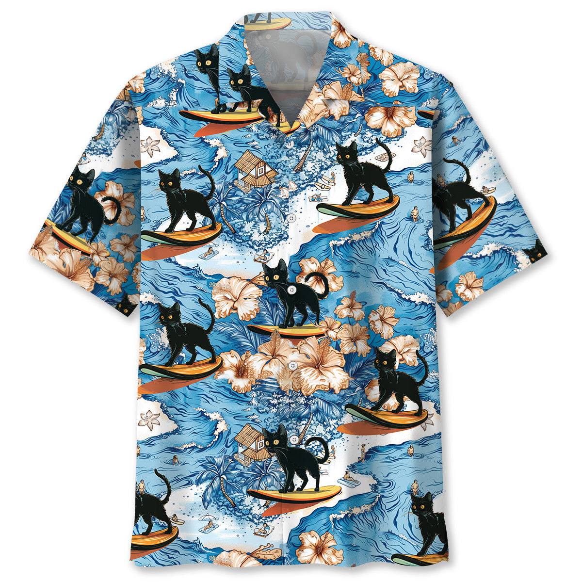 Black Cat Surfing Tropical Style – Hawaiian Shirt