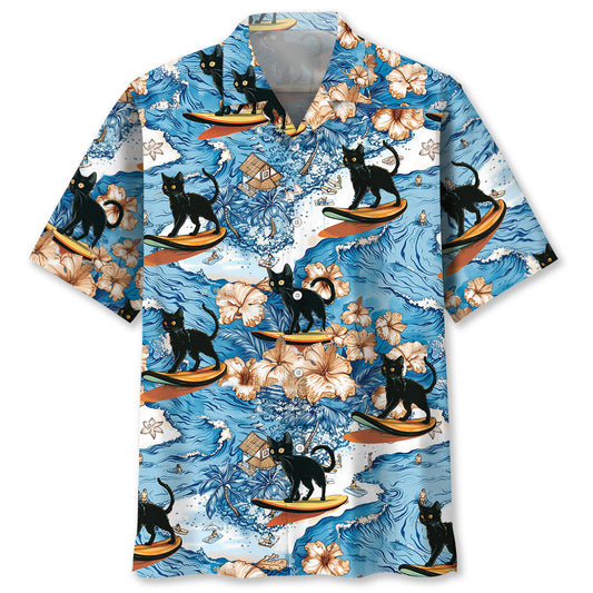 Black Cat Surfing Tropical Style – Hawaiian Shirt