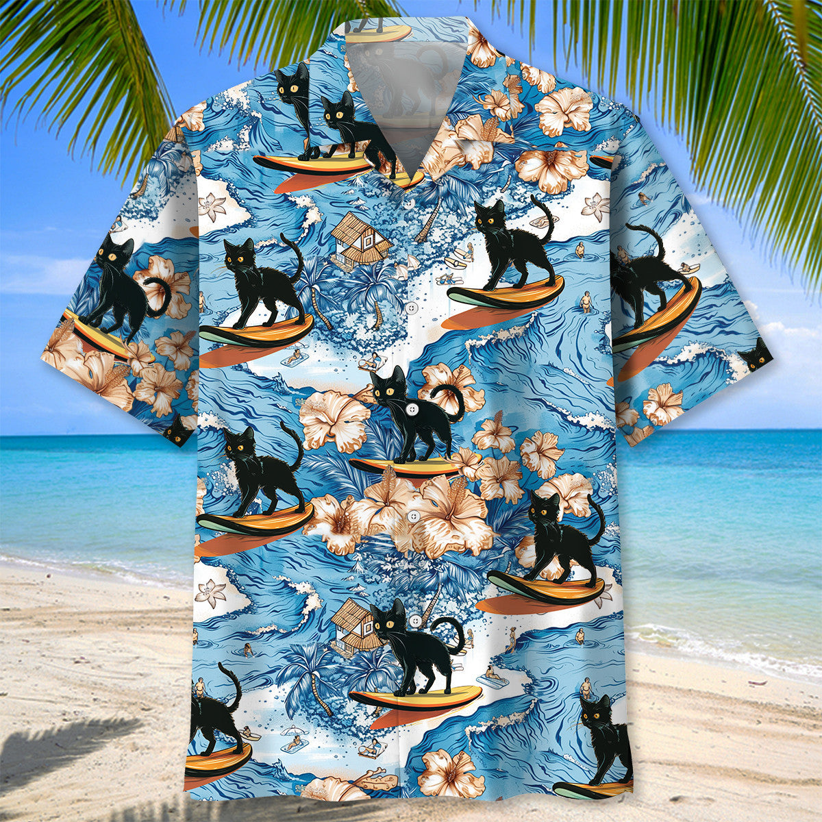 Black Cat Surfing Tropical Style – Hawaiian Shirt