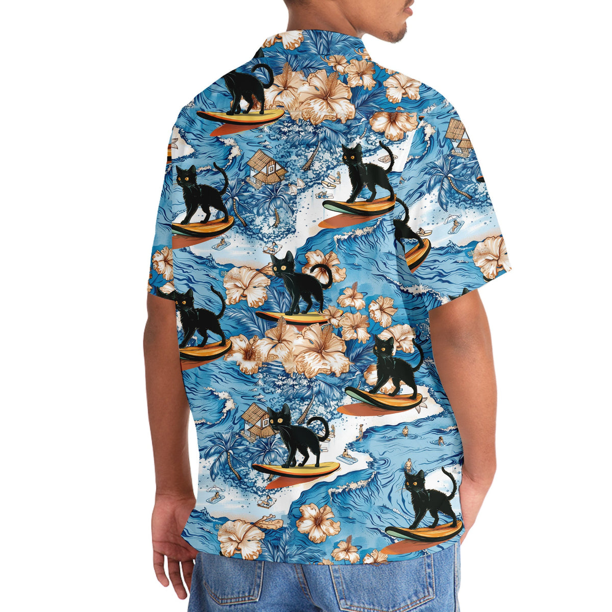 Black Cat Surfing Tropical Style – Hawaiian Shirt