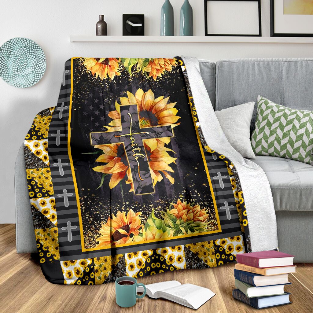 Jesus Cross On Sunflower Christian Flannel Blanket For Relaxing At Home And Travel