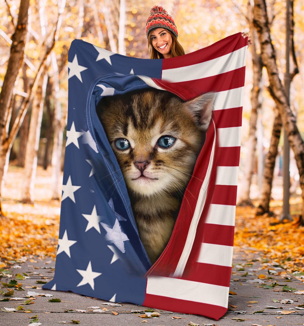 Cat Kitten Opened American Flag Flannel Blanket For Bed Sofa And Reading Nook Decor