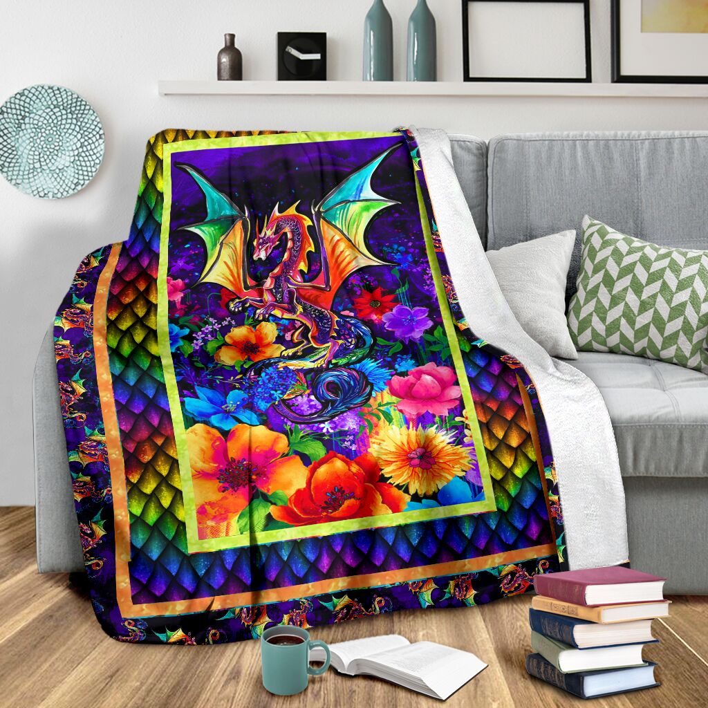 Dragon Colorful Floral Flannel Blanket For Relaxing At Home And Travel