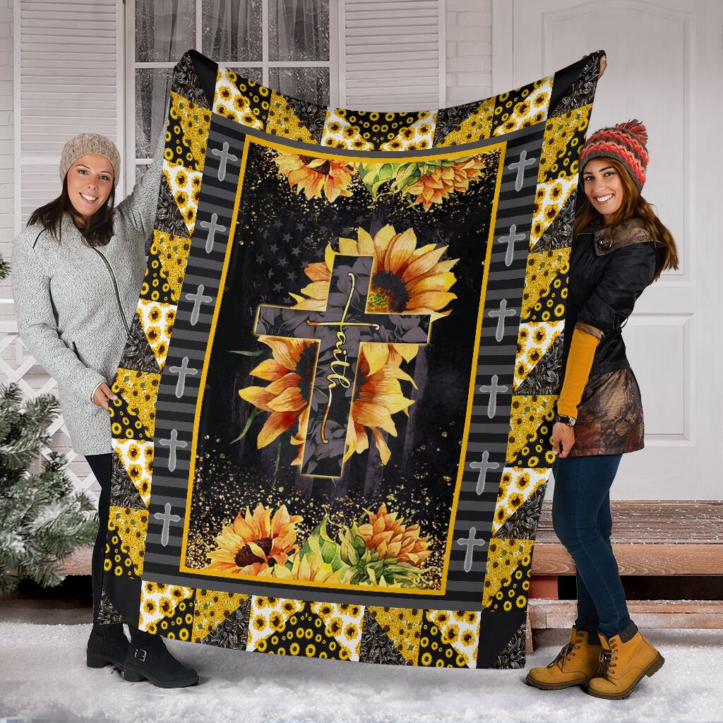Jesus Cross On Sunflower Christian Flannel Blanket For Bedroom Couch And Daily Comfort