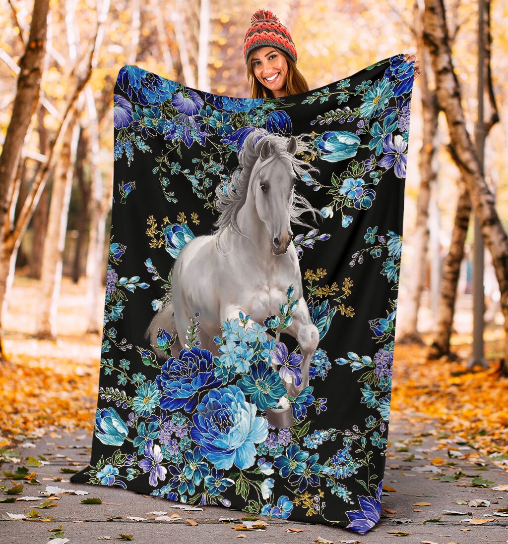 Horse White Horse Blue Flower Flannel Blanket For Bed Sofa And Reading Nook Decor