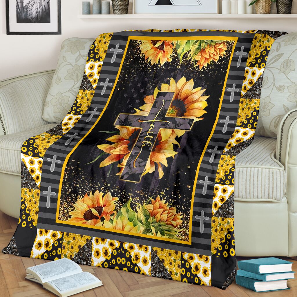 Jesus Cross On Sunflower Christian Flannel Blanket For Living Room And Bedroom Styling