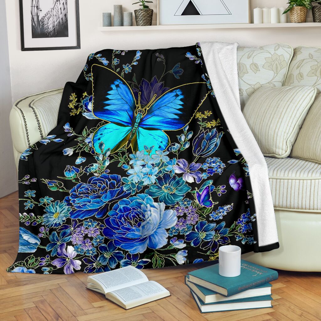 Butterfly With Blue Flowers Flannel Blanket For Warm Home Decor And Relaxation