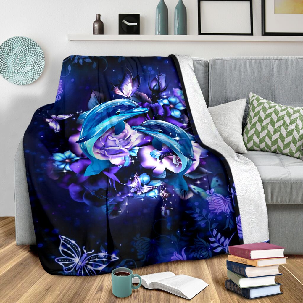 Dolphin And Blue Flowers Flannel Blanket For Relaxing At Home And Travel