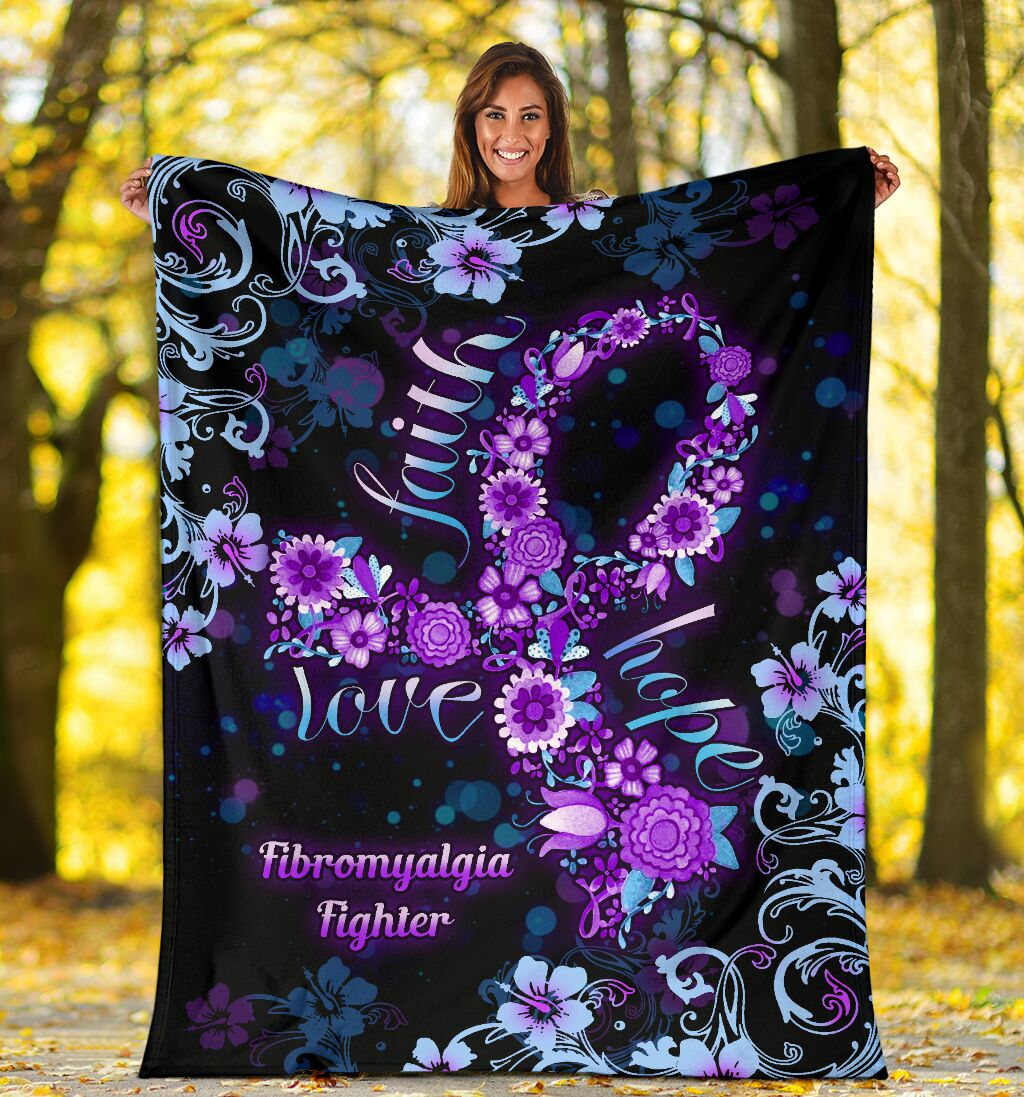 Flower Faith Hope Love Fibromyalgia Awareness Flannel Blanket For Cozy Home Lounging And Gifting