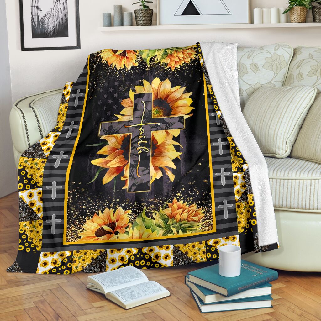 Jesus Cross On Sunflower Christian Flannel Blanket For Warm Home Decor And Relaxation