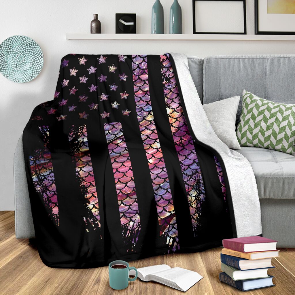 Mermaid Scales American Flag Flannel Blanket For Relaxing At Home And Travel