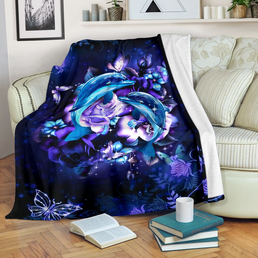 Dolphin And Blue Flowers Flannel Blanket For Soft Bed Couch And Home Comfort