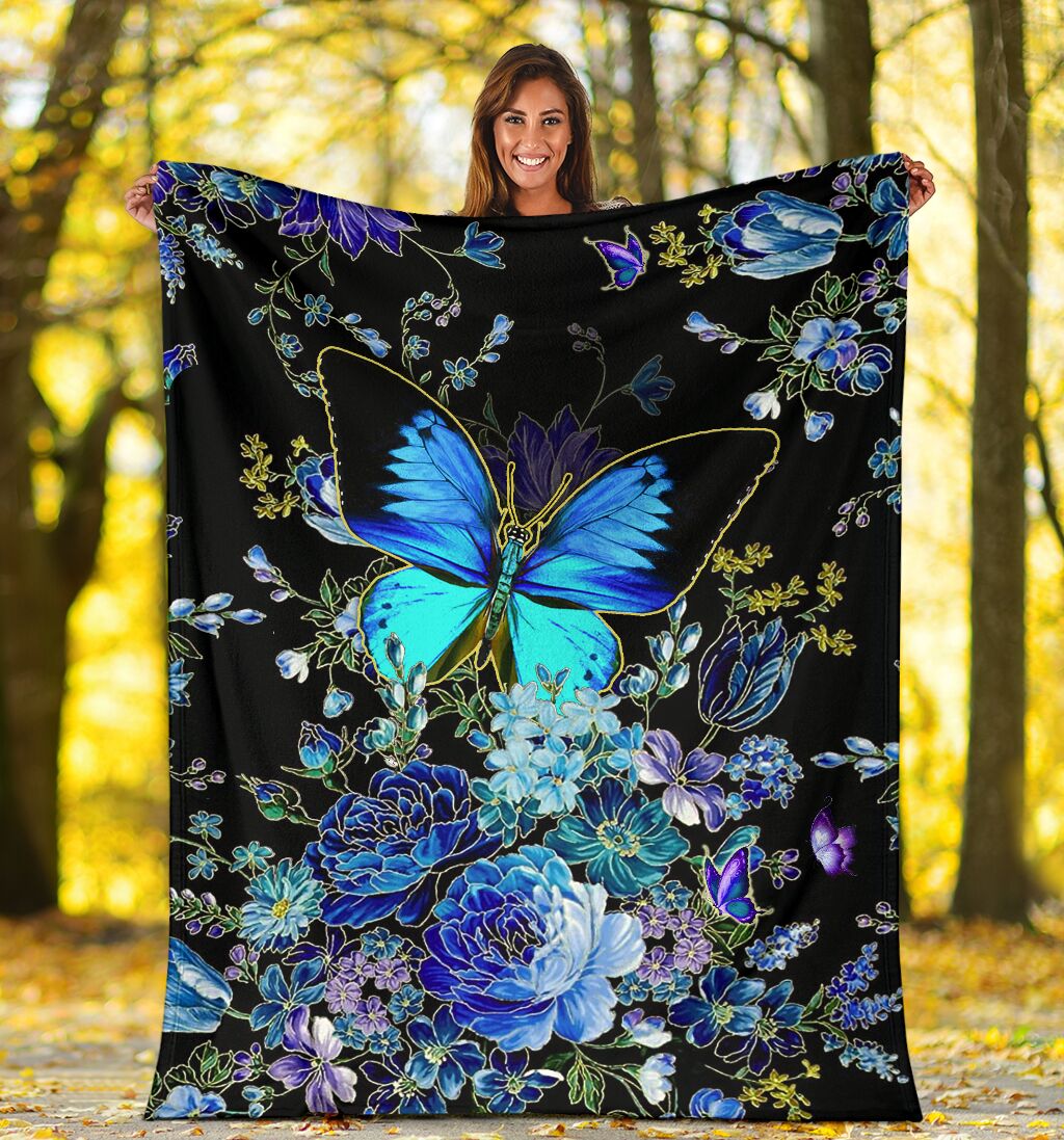 Butterfly With Blue Flowers Flannel Blanket For Cozy Home Lounging And Gifting