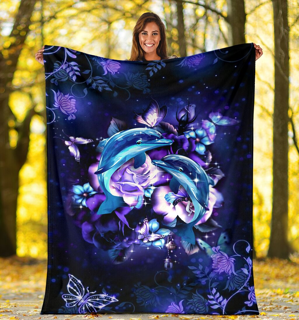 Dolphin And Blue Flowers Flannel Blanket For Cozy Home Lounging And Gifting