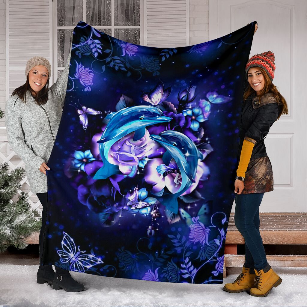 Dolphin And Blue Flowers Flannel Blanket For Bedroom Couch And Daily Comfort