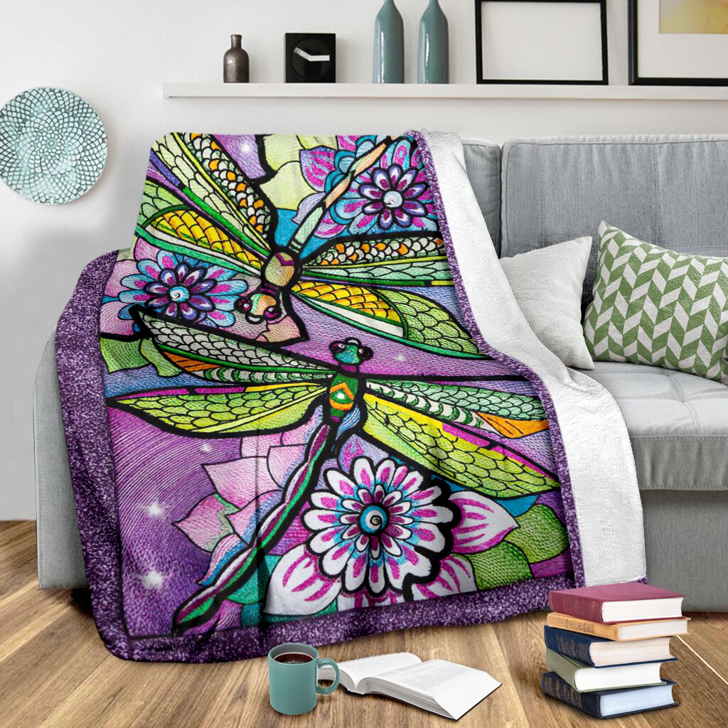Dragonfly With Beautiful Flower Flannel Blanket For Relaxing At Home And Travel
