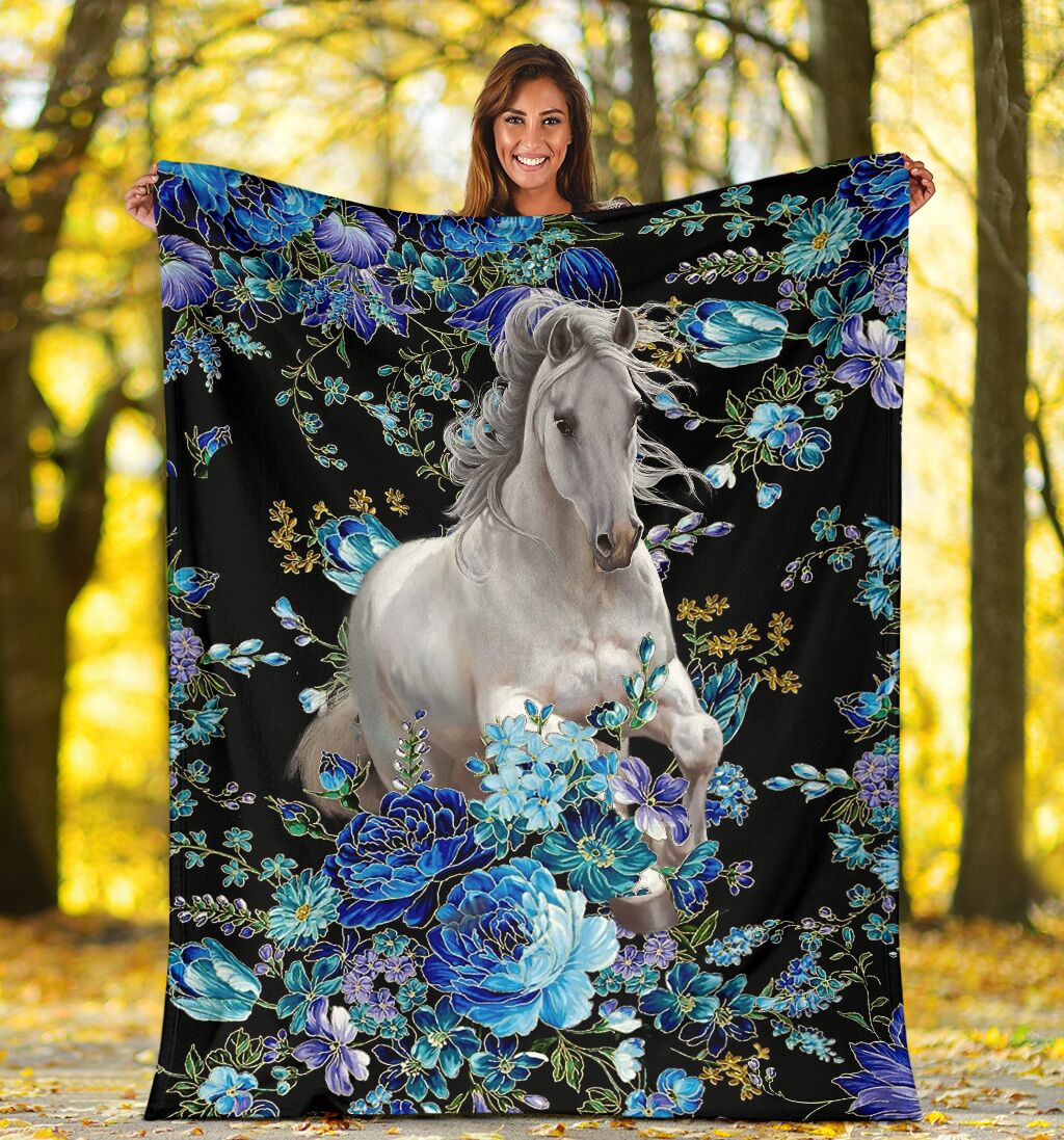 Horse Blue Floral Flannel Blanket For Cozy Home Lounging And Gifting