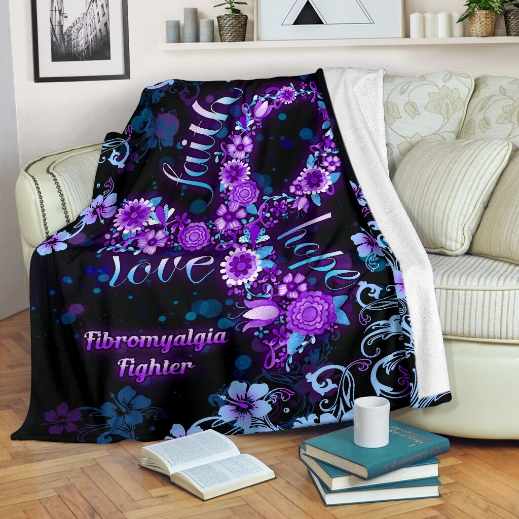 Flower Faith Hope Love Fibromyalgia Awareness Flannel Blanket For Soft Bed Couch And Home Comfort