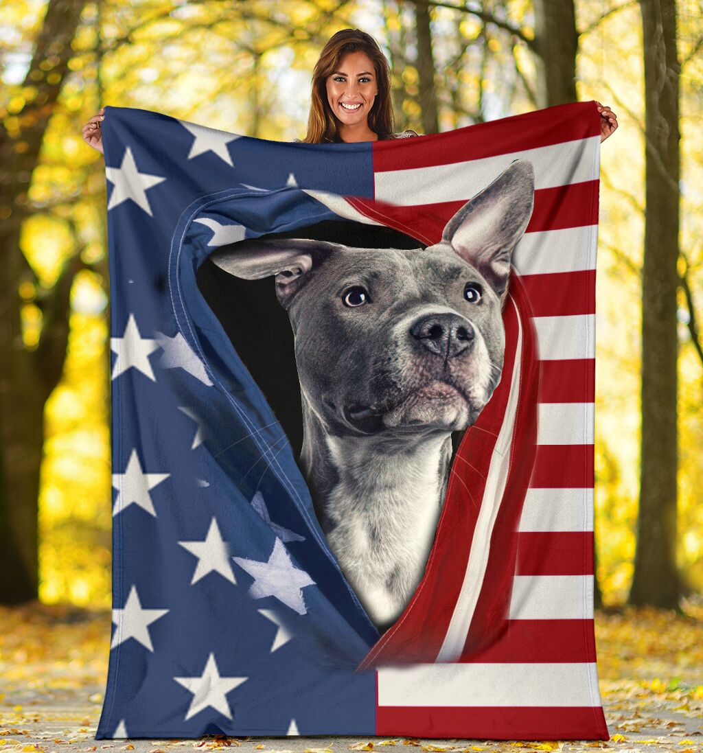 Pitbull Opened American Flag Flannel Blanket For Cozy Home Lounging And Gifting