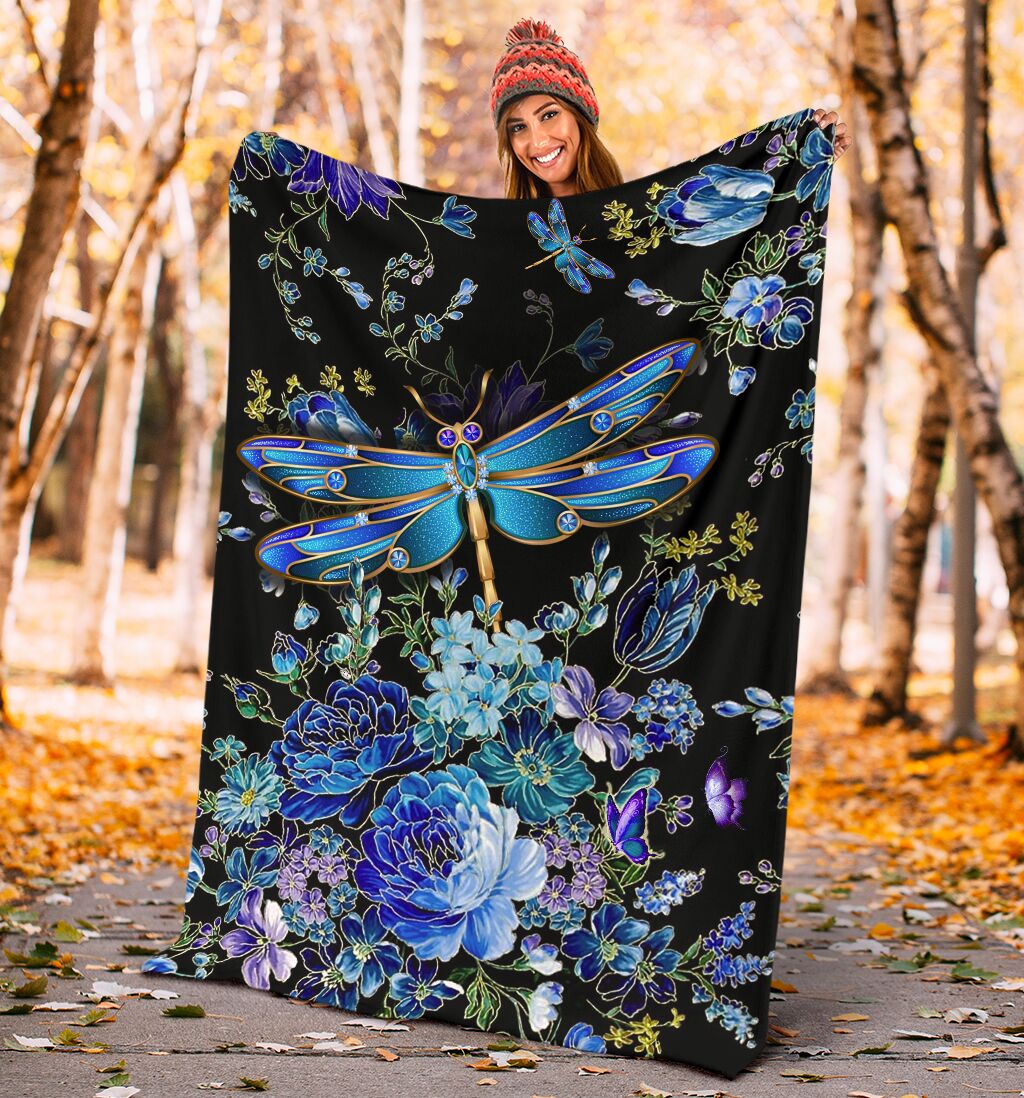 Dragonfly Blue Floral Flannel Blanket For Bed Sofa And Reading Nook Decor