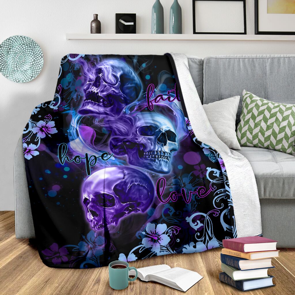 Skull Faith Hope Love Tropical Floral Flannel Blanket For Relaxing At Home And Travel