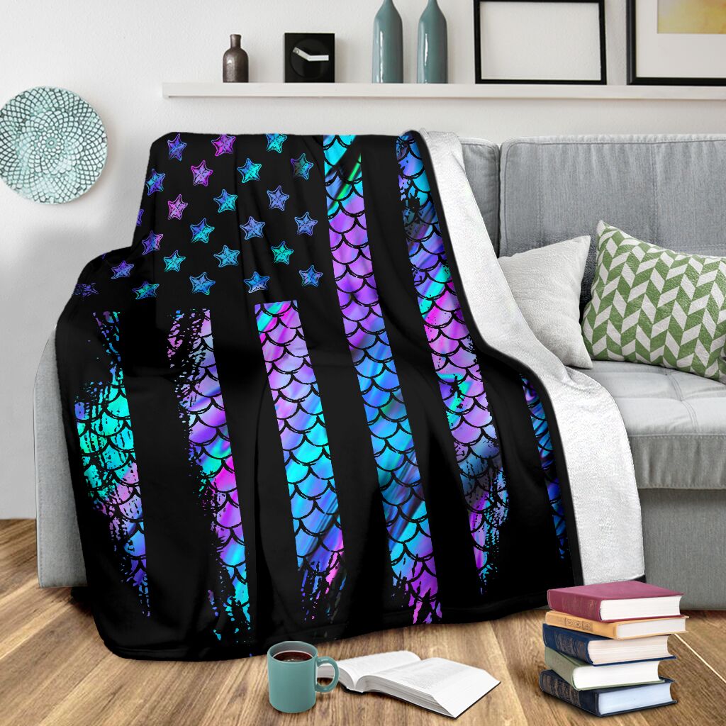 Mermaid American Flag Flannel Blanket For Relaxing At Home And Travel