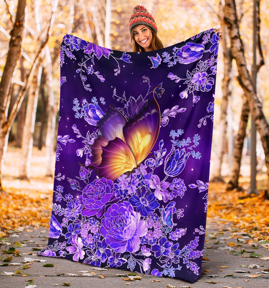 Butterfly With Purple Flowers Flannel Blanket For Bed Sofa And Reading Nook Decor