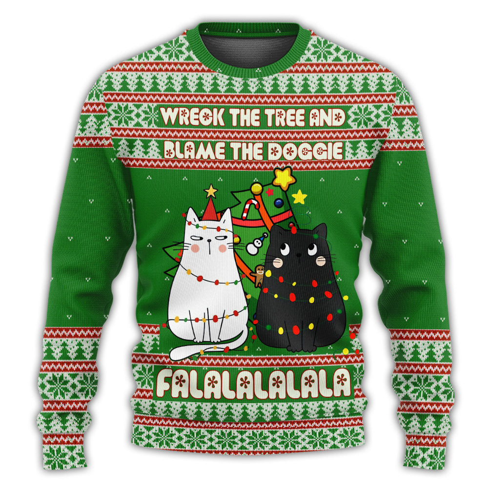 Cat Wrecks Tree Meowy Christmas – Sweater - Ugly Christmas Sweater
