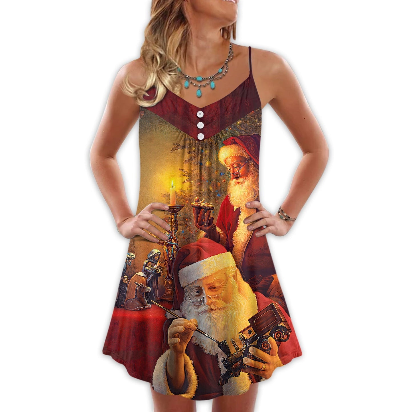 Christmas Spirit Of Santa Art – Women's Summer Sleeveless V-Neck Camisole Dress