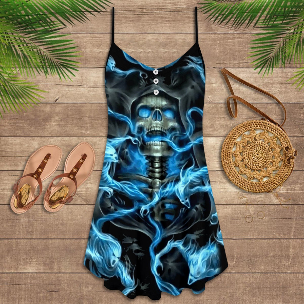 Blue Skull Dark Background – Women's Summer Sleeveless V-Neck Camisole Dress