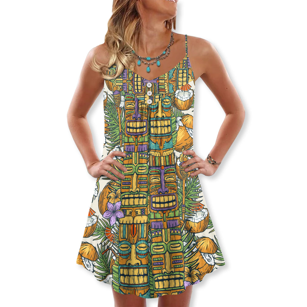 Tiki Tribal Mask Coconut Tropical – Women's Summer Sleeveless V-Neck Camisole Dress