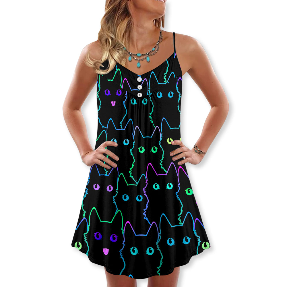 Cute Kitten Neon Art – Women's Summer Sleeveless V-Neck Camisole Dress