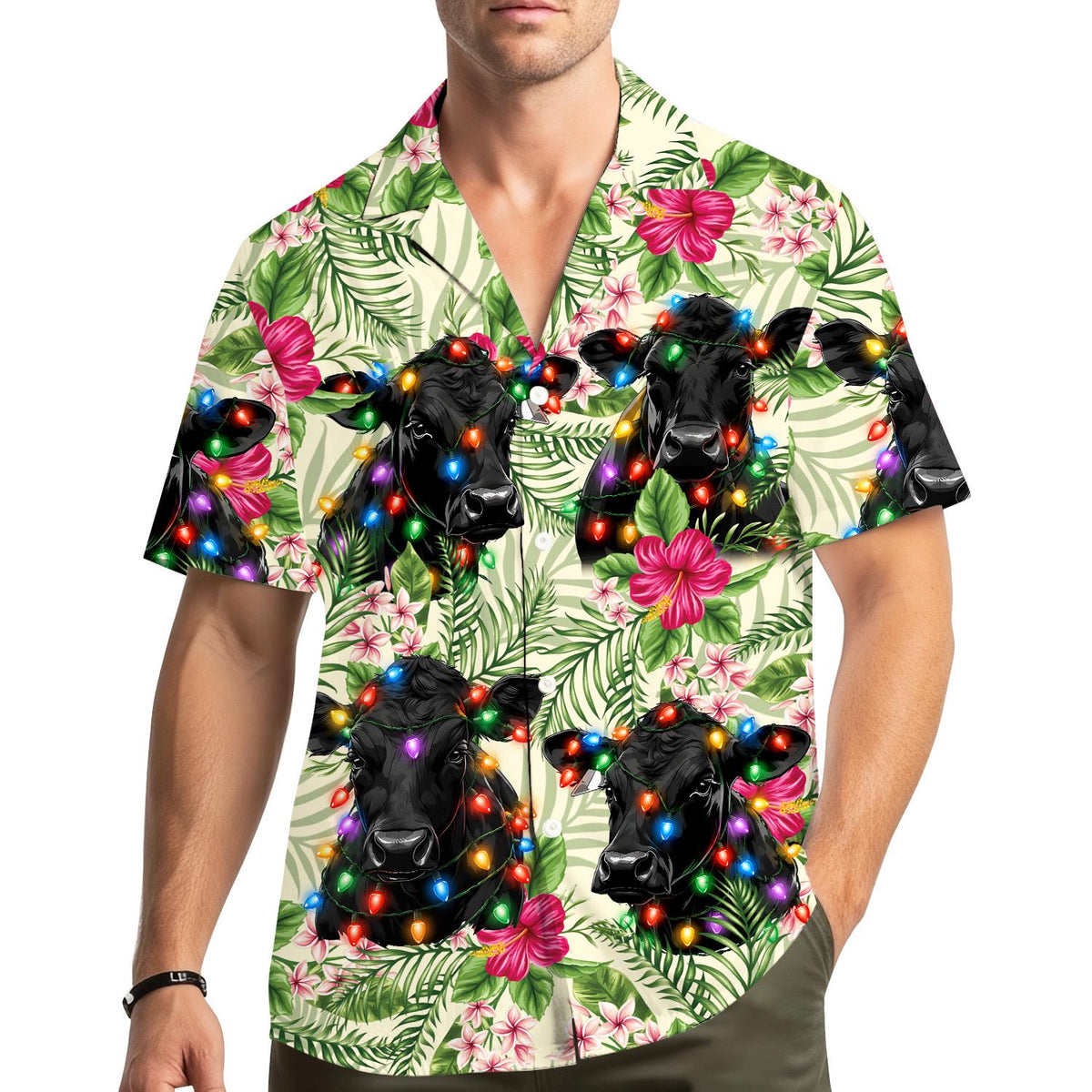 Black Angus Cow Christmas Lights Holiday – Hawaiian Shirt