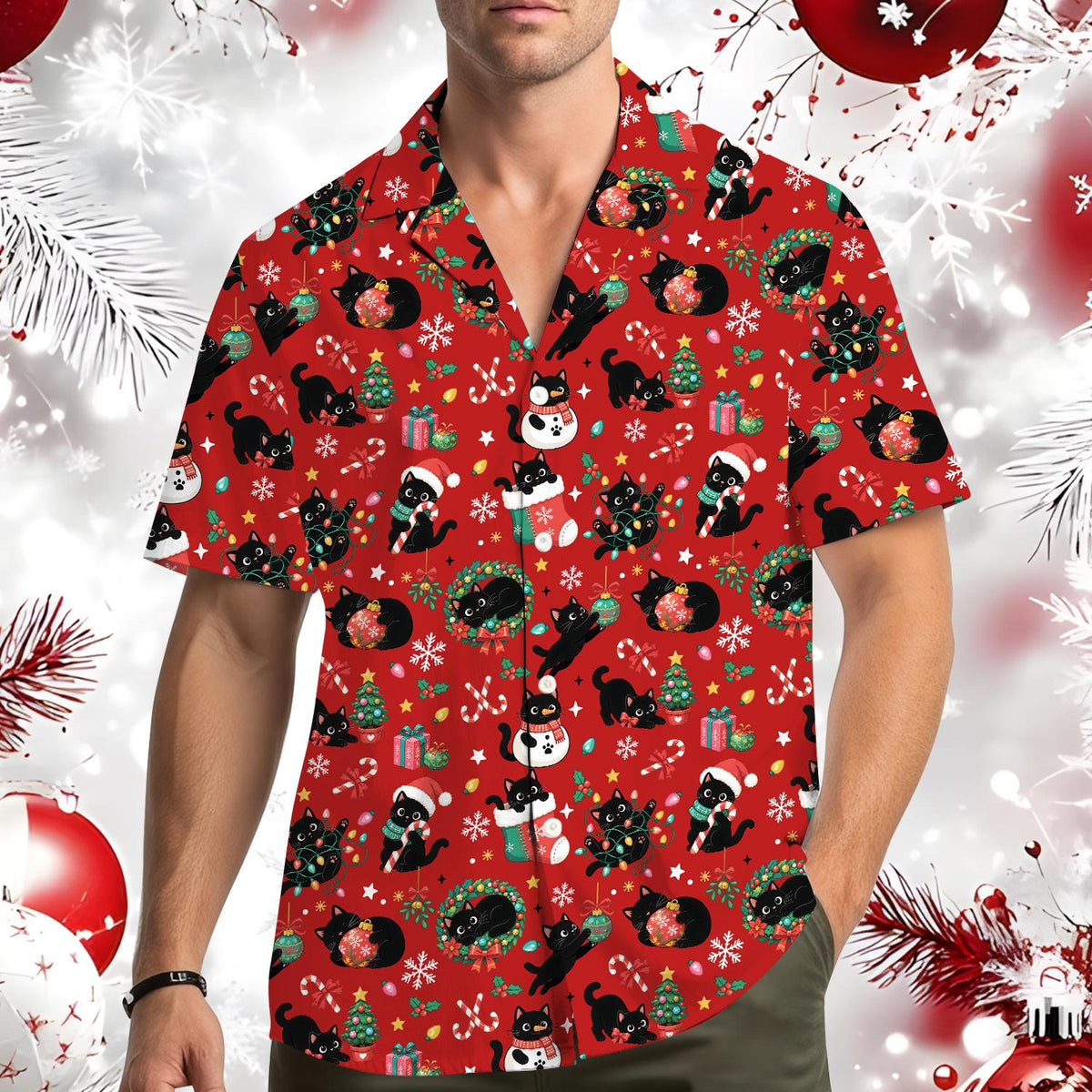 Black Cat Christmas Tree Snowman Holiday 2 – Hawaiian Shirt
