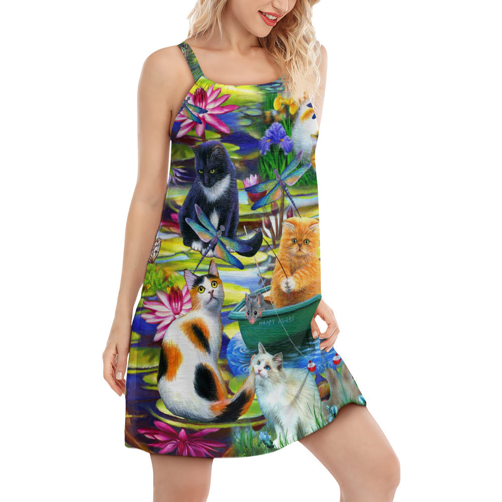 Curious Cat Water Lily Lake – Women's Summer Sleeveless V-Neck Camisole Dress
