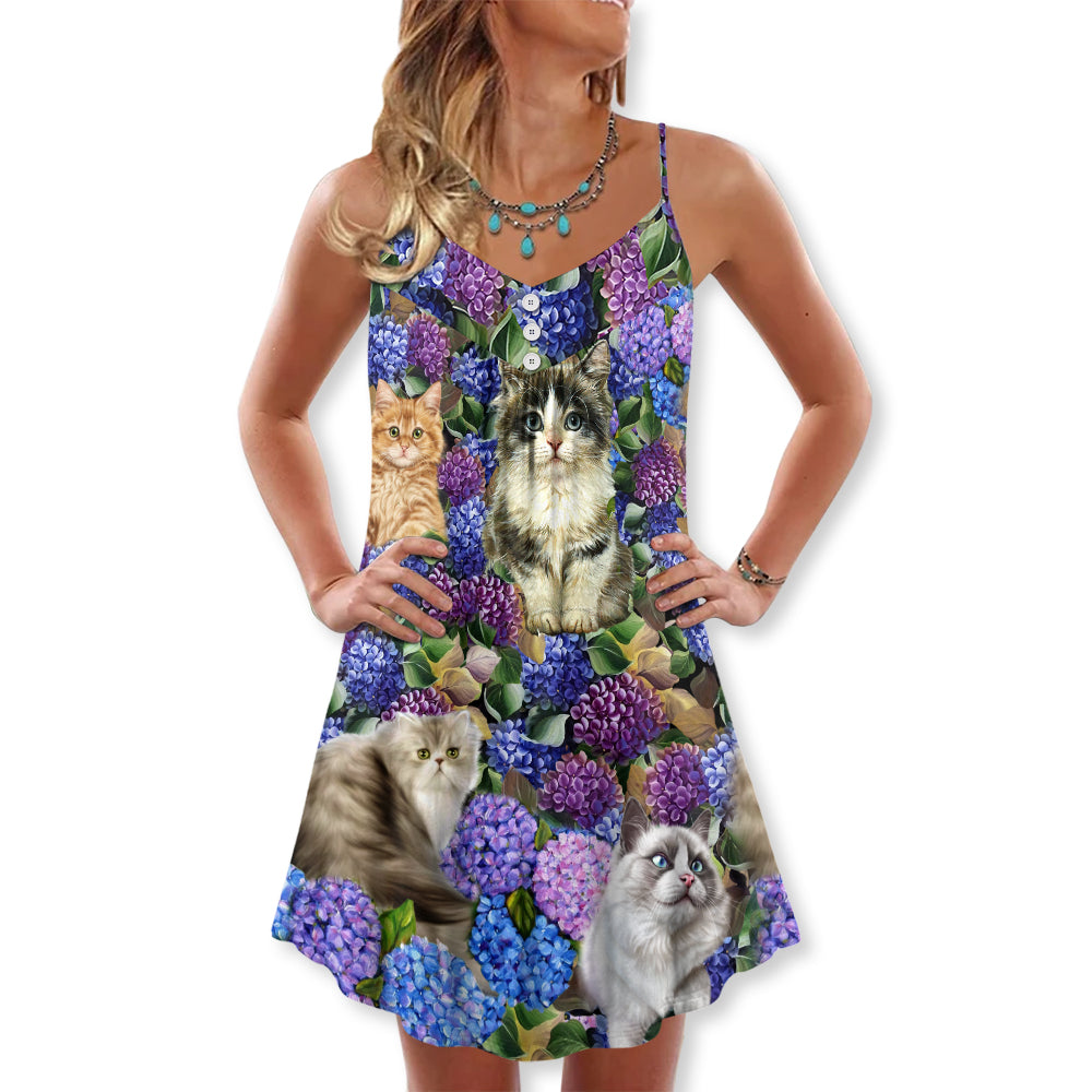 Lovely Cat Purple Flowers – Women's Summer Sleeveless V-Neck Camisole Dress