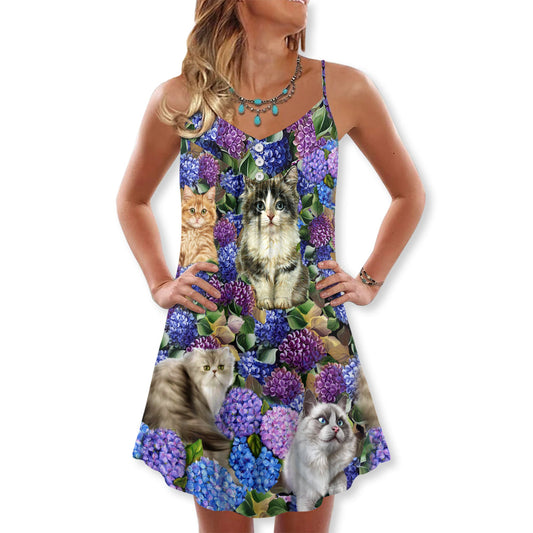 Lovely Cat Purple Flowers – Women's Summer Sleeveless V-Neck Camisole Dress
